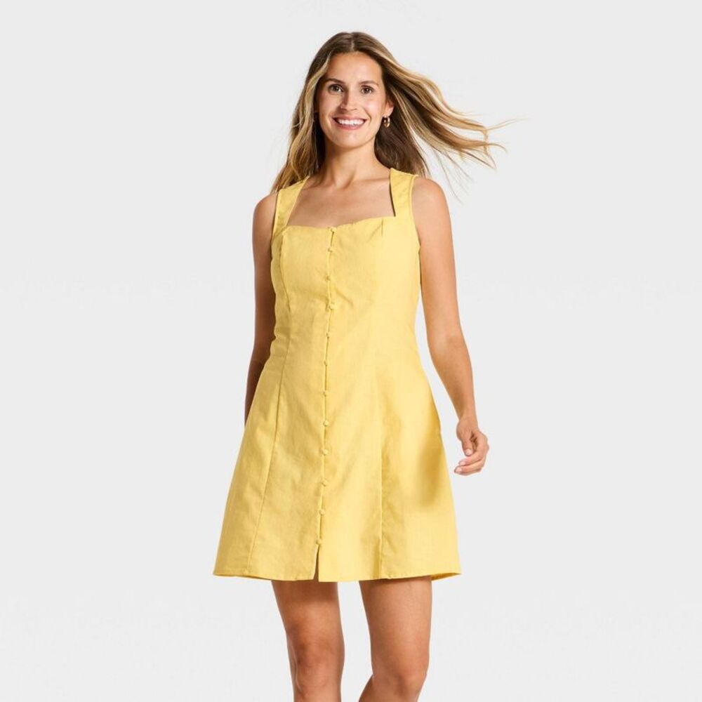 Women's Button-Up Mini Dress - A New Day Yellow XS